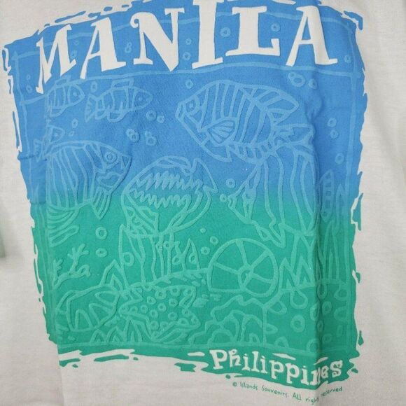 Vintage 90s Manila T-Shirt Mens XL White Neon Fish Tourist Puffy Paint Deadstock - Picture 2 of 5